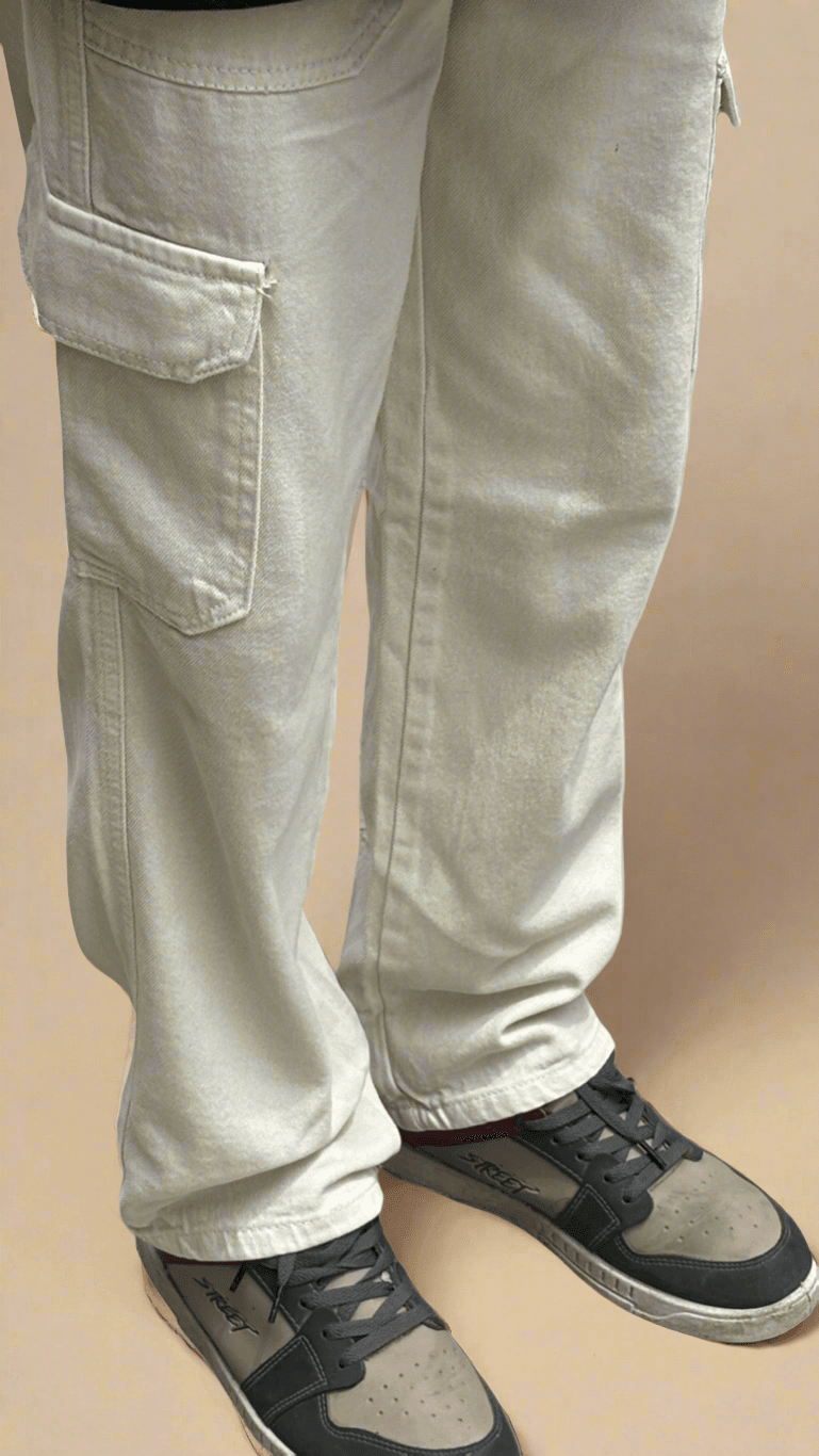 Soild CARGO Denim Pant | Cream Colour