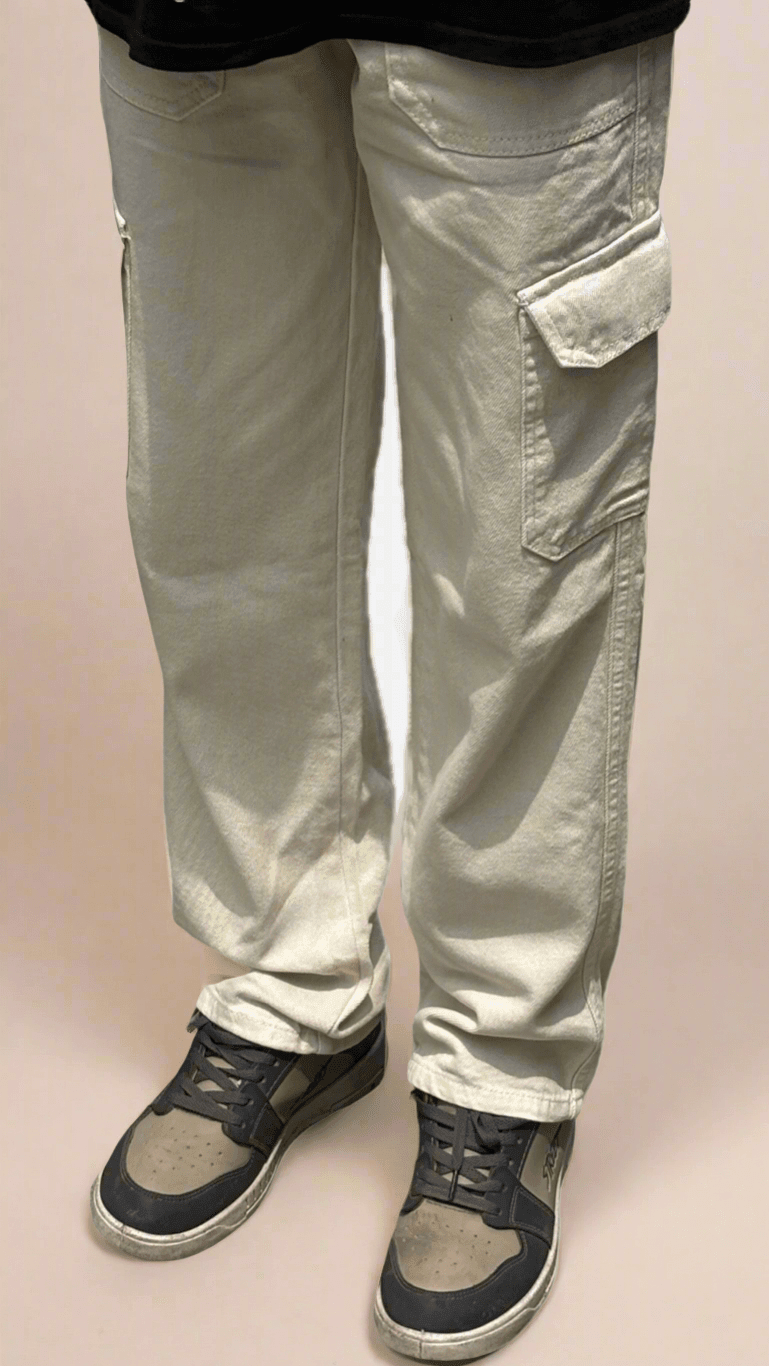 Soild CARGO Denim Pant | Cream Colour